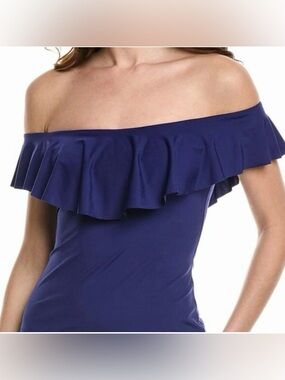 Trina Turk Navy Blue Monaco Ruffle Off Shoulder Tankini Top Swimsuit